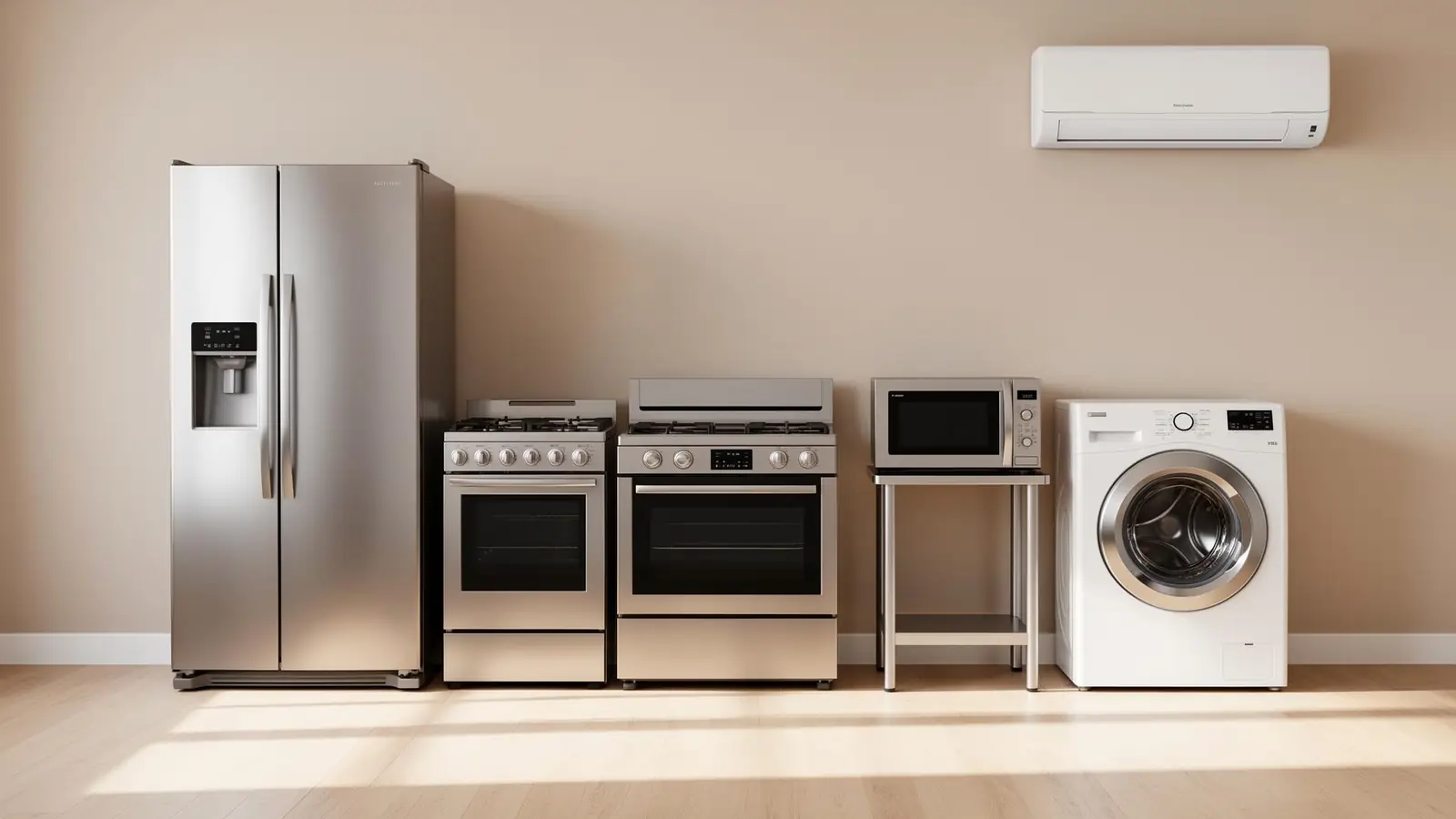 Modern home appliances — refrigerator, oven, microwave, washing machine and AC